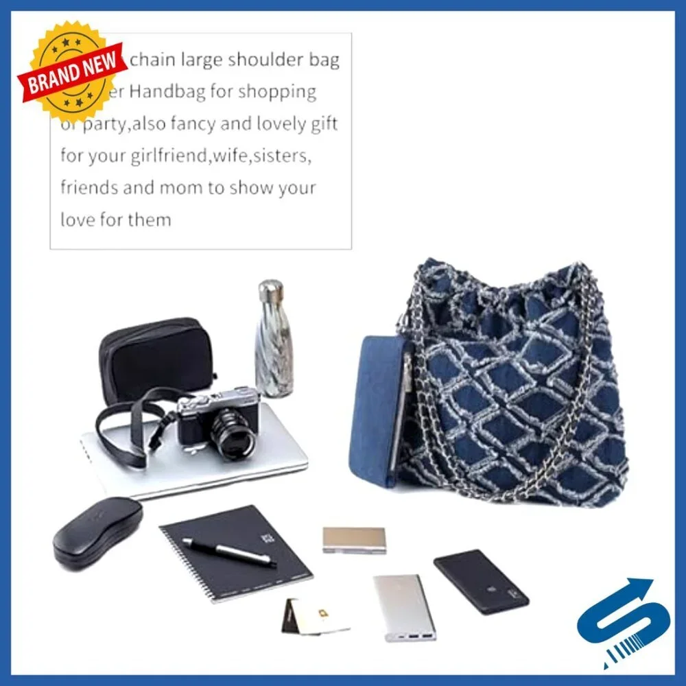 Large Quilted Denim Tote Bag with Chain Strap and Wallet